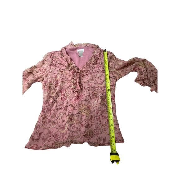 Y2K Silk Pink Floral Ruffled Blouse Size XL beaded Babydoll Fairy cottage LS - Picture 7 of 7